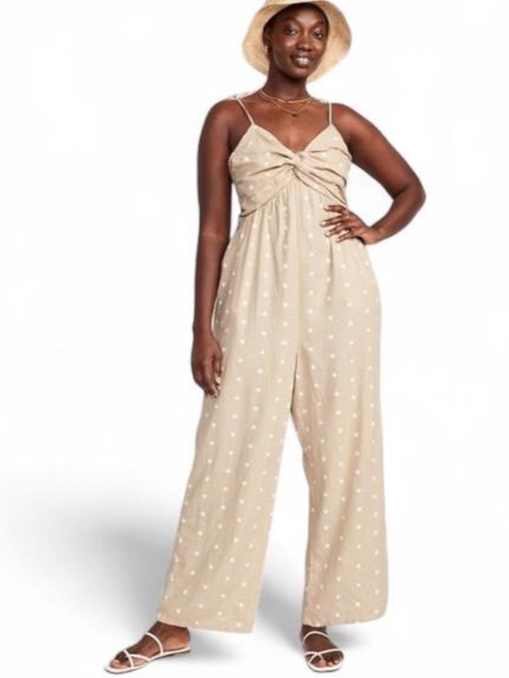 Old Navy Tan Polka Dot Wide Leg Crop Linen Blend Jumpsuit large